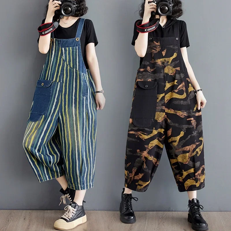 Real shot in stock 2025 spring new loose plus size Denim printed multi-pocket contrast color cropped Denim suspenders for women