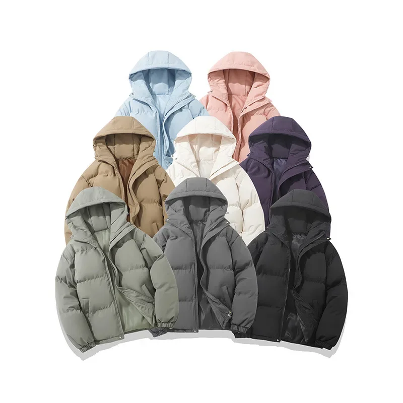 Cross-border Trendy Winter New Cotton Coat Men's Coat Solid Color Hooded Thickened Bread Clothes Warm All-match Cotton Coat for Couple