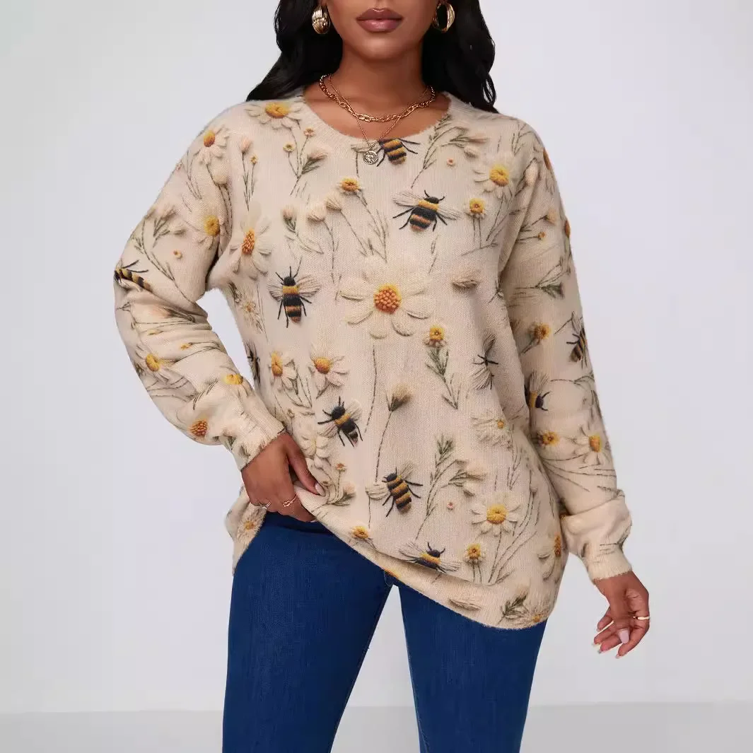 Amazon Autumn and Winter New Sweater Bee Printed plus size Women's Top European and American Cross-border Autumn Casual Loose Shirt