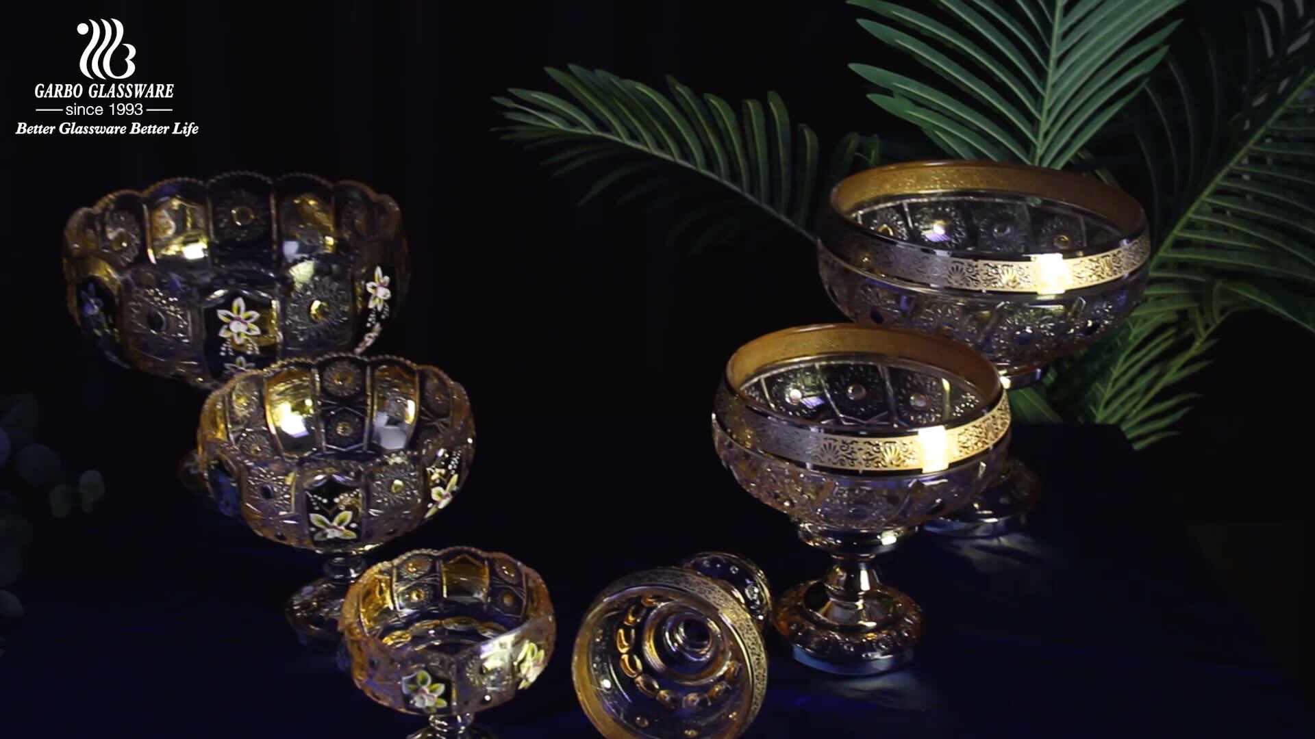 120mm Luxury Middle East Style Gold Plating Glass Fruit Bowl With Stand