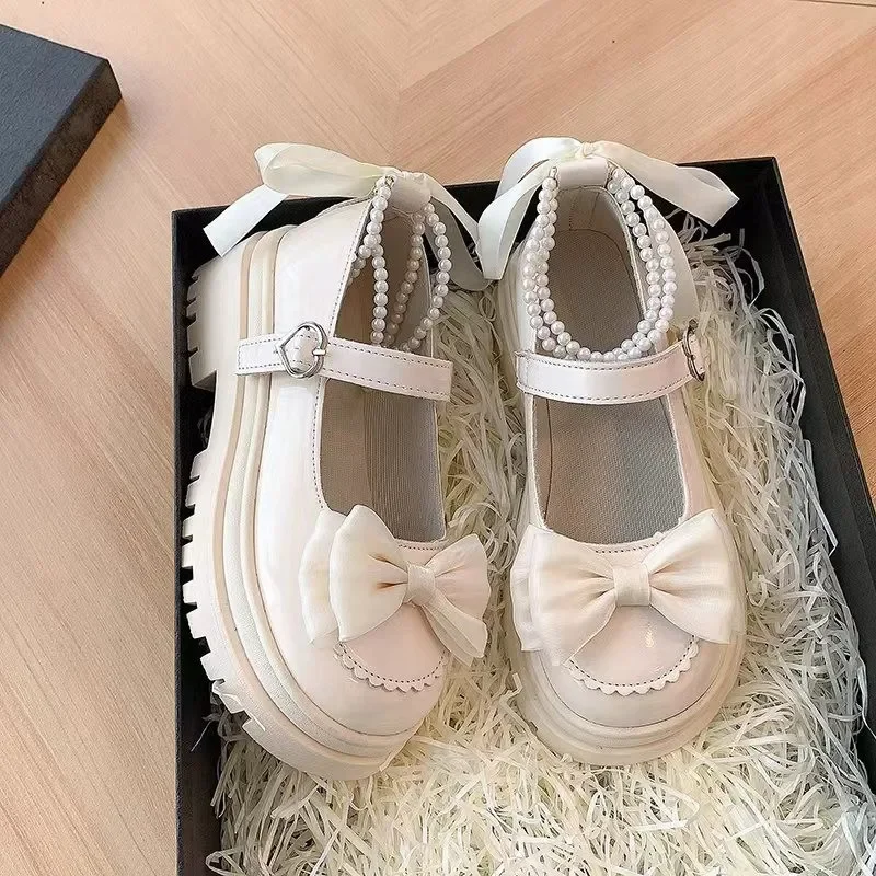 plus size 42 Pearl Leather Shoes Spring New Mary Jane Shoes 2024 Thick Heel High Heel Single-layer Shoes Thick Sole with Skirt