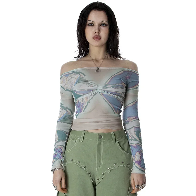 Q23TP394 one-length collar printed long-sleeved mesh transparent top women's autumn fashion trend new versatile products
