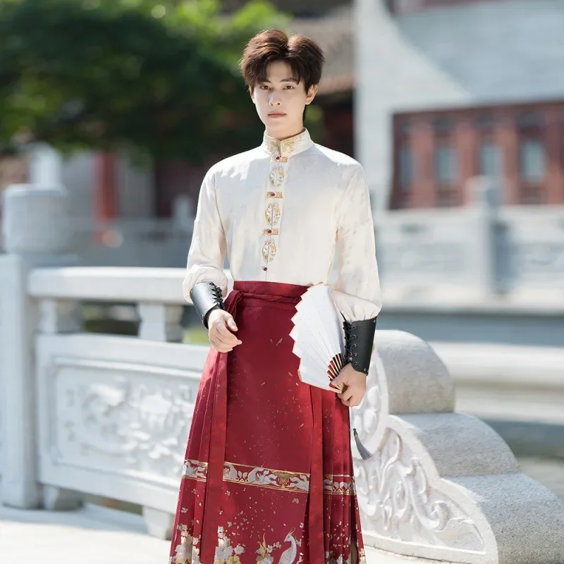 Chinese style bright red peacock woven gold horse face dress Men's new Chinese style shirt Hanfu ancient style Han element suit