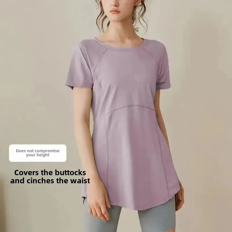 Fitness Clothing Women's Spring and Summer Long Hip Covering Hip Covering Slimming Breathable Yoga Clothing Short-sleeved Running Quick-drying Sports Top