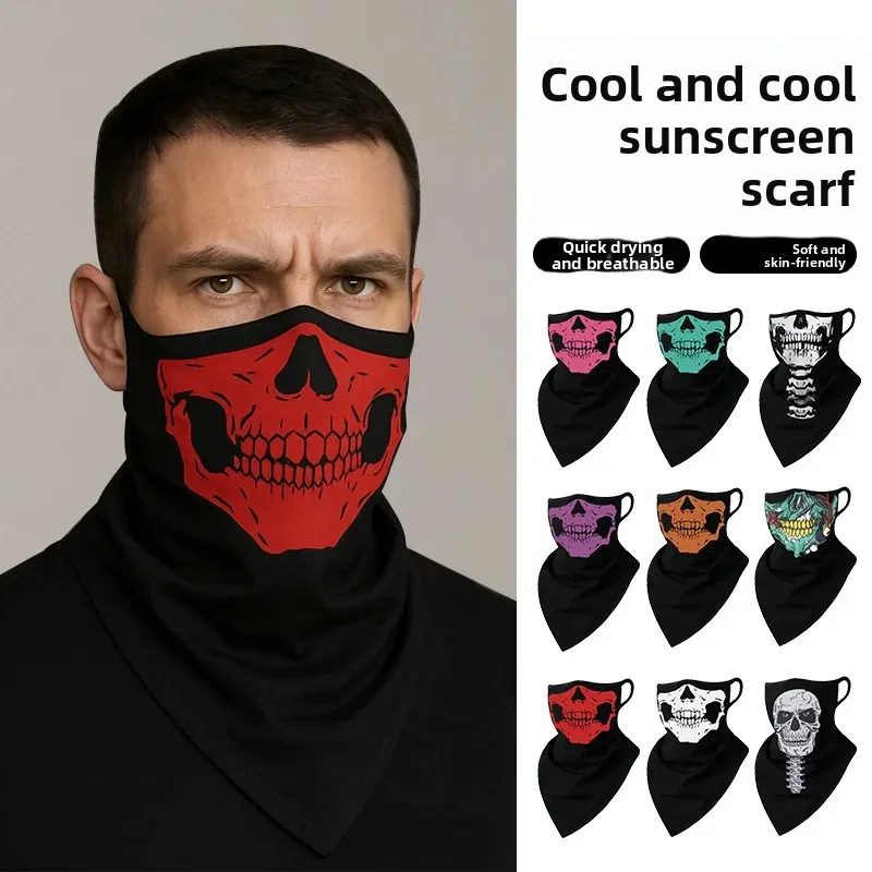 Summer Sun Protection Fishing and Cycling Neck Scarf Running Mask Full Face Protection Half Face Skull Digital Printed Ice Silk Triangle Scarf