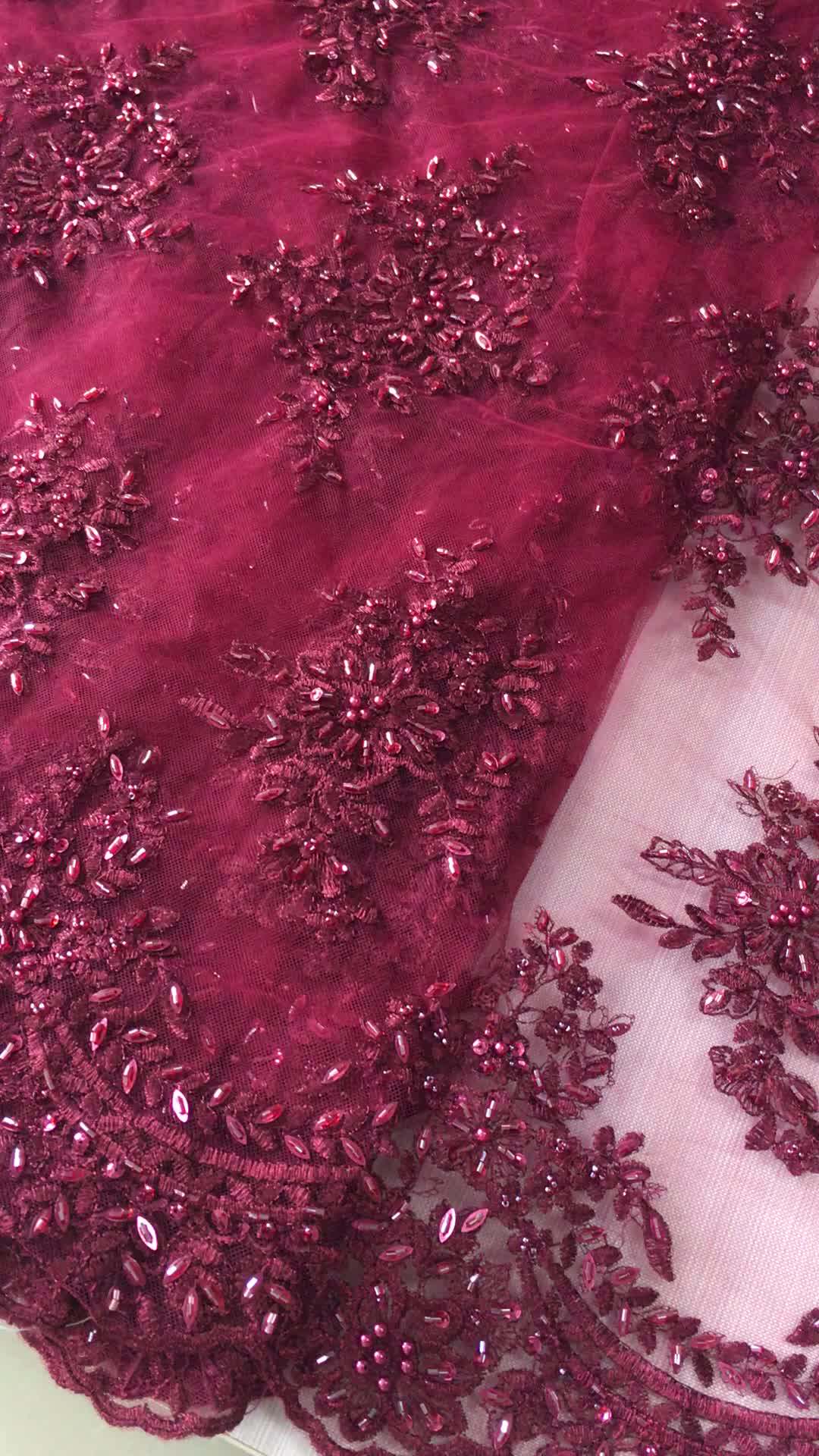 New Arrival Burgundy Lace Metallic Embroidered Tulle Fabric With Hand
