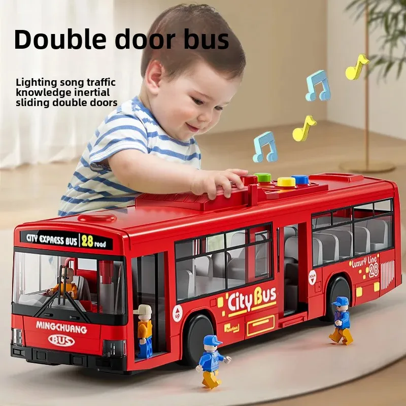 Children's Toy Car 1-3 Years Old Double-Door Bus Baby Pull-Back Car Boy Large Car Model with Lights and Music