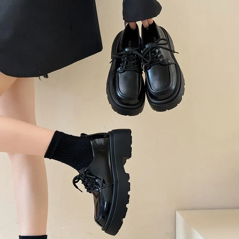 Women's Thick-soled Loafers All-match 2024 Autumn New Style Black Lace-up British Leather Shoes Commuter Vintage Loafers