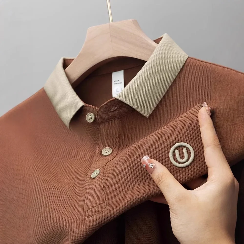 Thin and light embroidered men's short-sleeved polo shirt 2025 summer thin color-blocking stand-up collar casual T-shirt loose top for men 