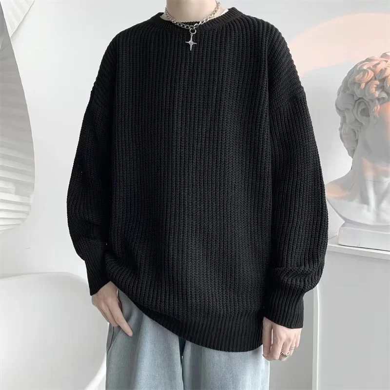 Korean Style Black Sweater Men's 2024 Autumn and Winter New Round Neck Pullover Knitted Sweater Loose Handsome Fashionable Top for Hair