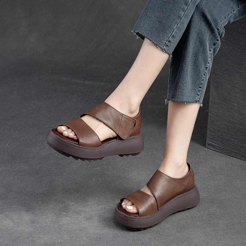 Shanghai Jie shu summer new platform low-top sandals top layer cowhide fish mouth Velcro retro style all-match women's shoes