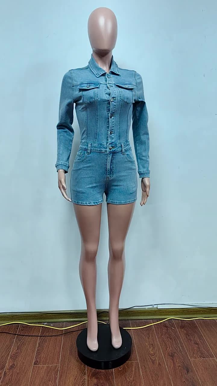 2024 Spring Women Denim Playsuits High Stretch Pockets Turn Down Collar Long Sleeve Single