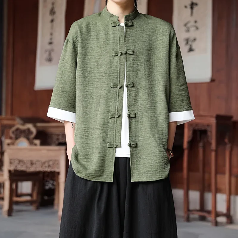 Summer Thin Anti-wrinkle Ice Silk Shirt Men's plus size Loose Half Sleeve Tang Suit New Chinese Men's Chinese Style Hanfu