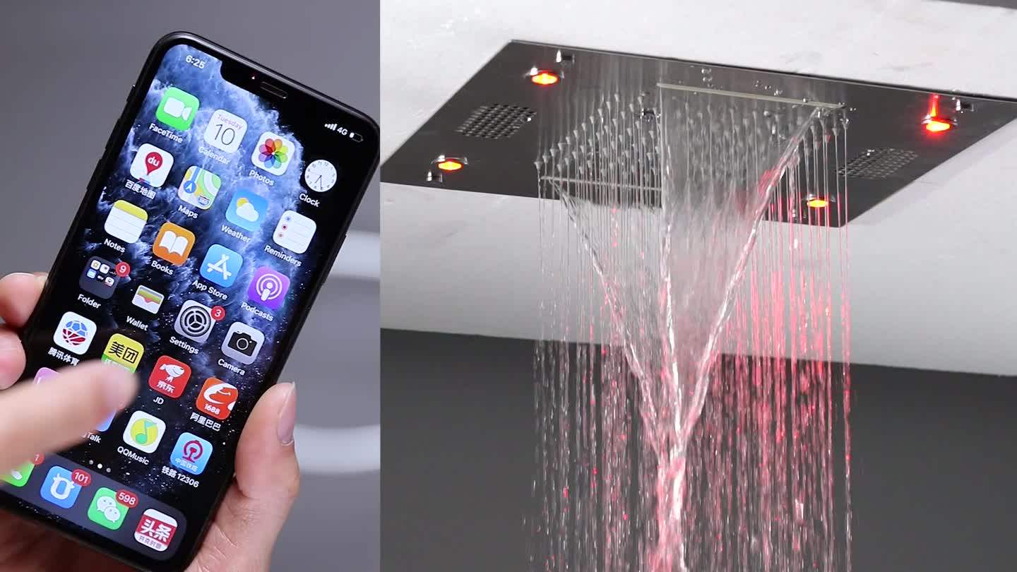 Bathroom Smart Showerhead Black Stainless Steel Square Overhead Massage