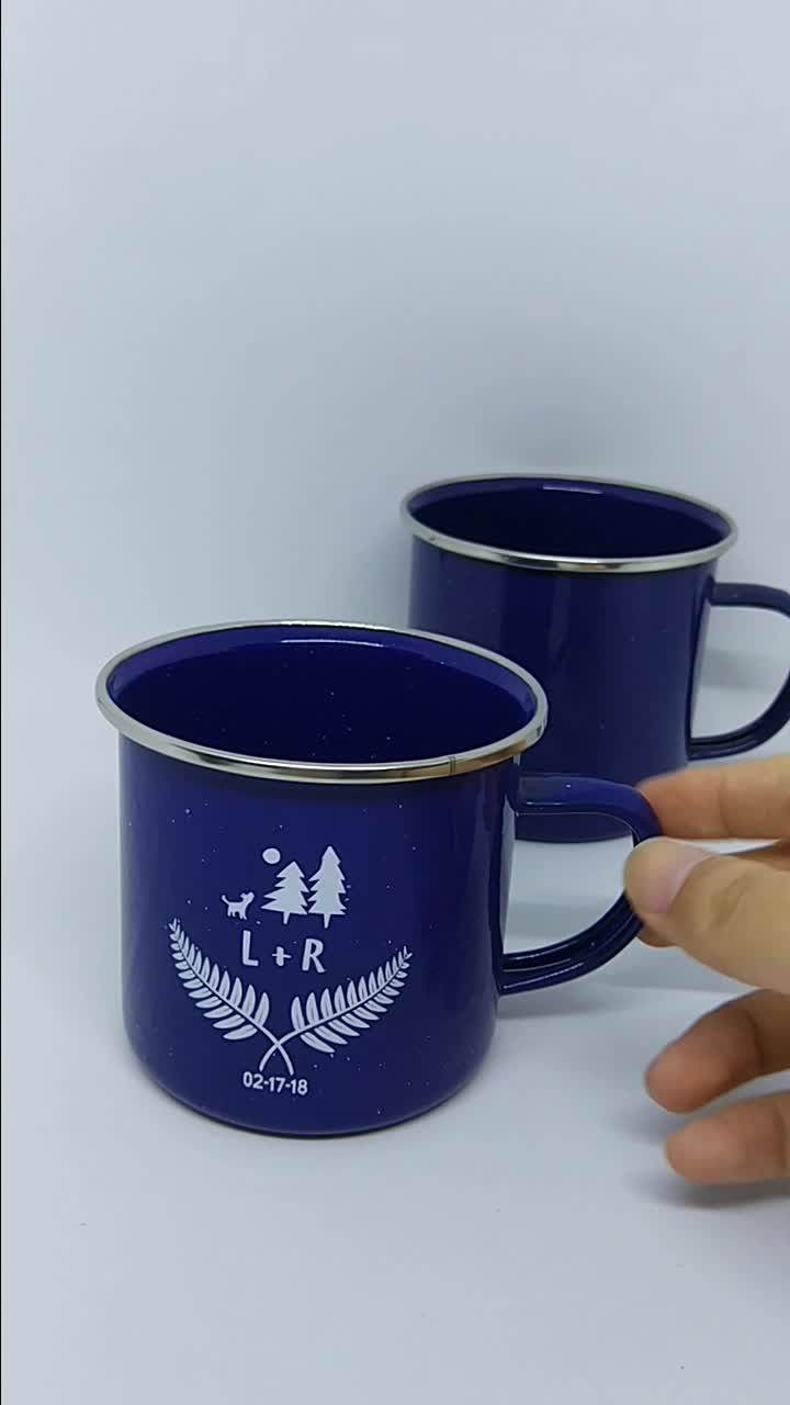 Custom Wedding Gifts Blue Black Speckled Coffee Cup Metal Camping