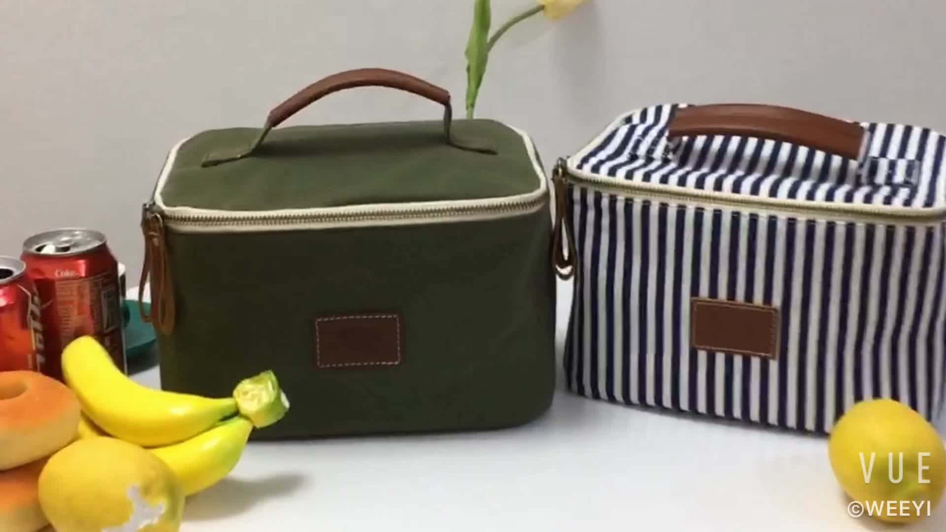 Waxed Canvas Large Inner Cooler Lunch Tote Bag With Leather Handle