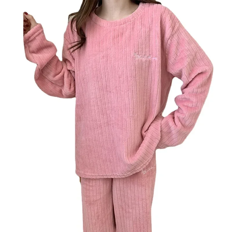 Crescent City warm suit 2023 Winter new vertical stripes thickened warm home wear plus size coral fleece pajamas