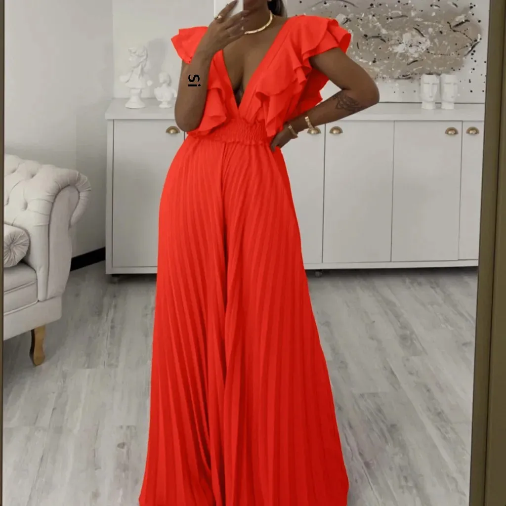 C8574 Cross-border Women's 2024 New Deep V-neck High Waist Sexy Ruffled Wide Leg European and American-style Pants