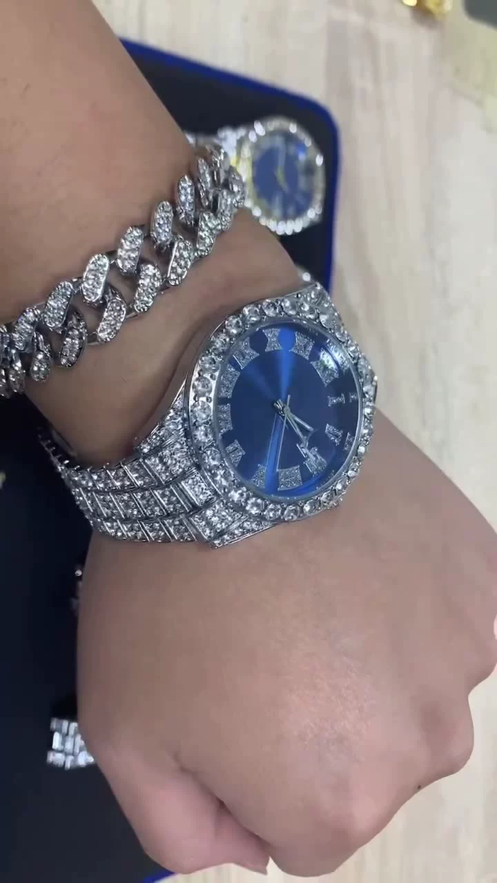 Iced Out Cubic Zirconia Watches Blue Face Hip Hop Fashion High Quality AAA Diamond Bracelet Stainless Steel Quartz Watch For Men