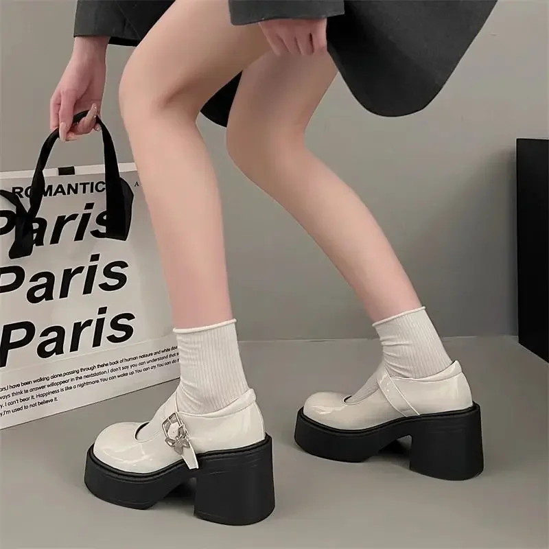 Black Thick Heel Thick-soled Leather Shoes Women's 2024 Spring New Arrival French Style Height-increasing Mary Jane Shoes Shorty High-heeled Shoes