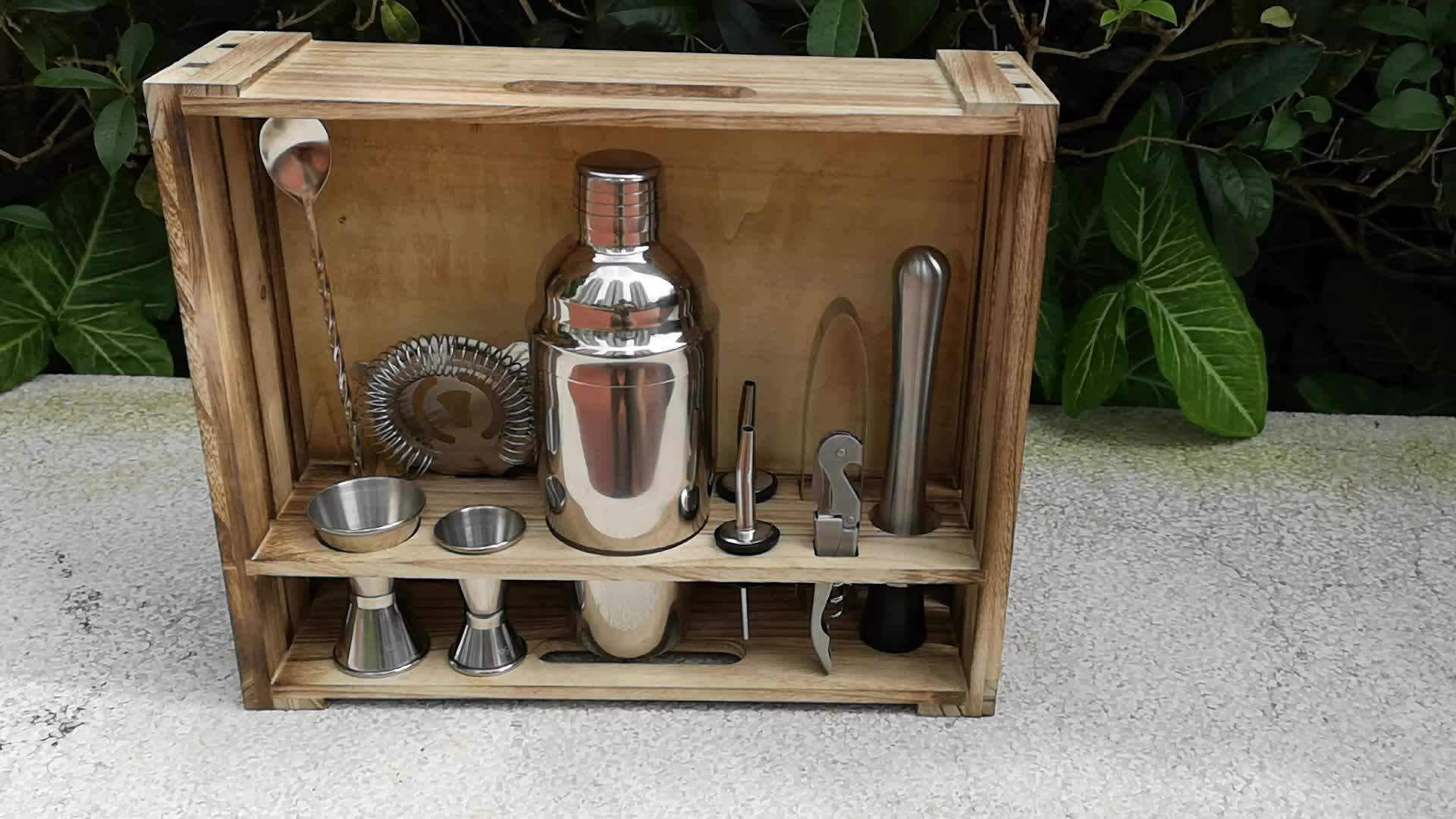 Custom Logo Home Bar 304 Ss 11piece Bar Tool Set With Patent Pending Rustic Wood Stand