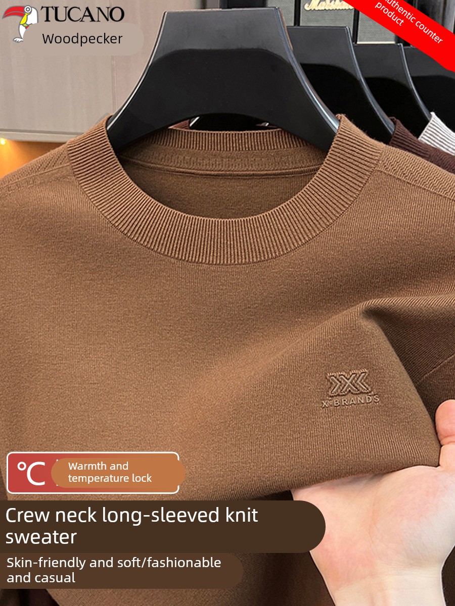 Woodpecker Knitwear Men's Spring and Autumn Warm Sweater Round Neck Thin Sweater Men's Long-Sleeved T-Shirt Knitwear Base Layer Shirt