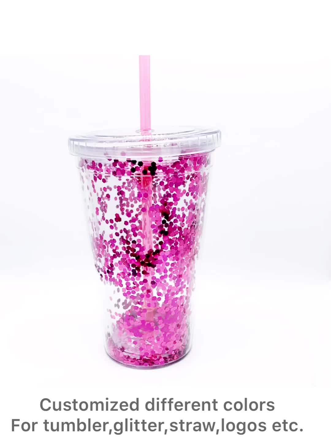 16 Oz Double Wall Plastic Glitter Tumbler Cup With Straw Buy Glitter