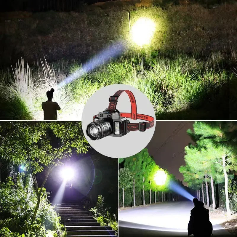 感應頭戴式強光頭燈 可充電戶外遠射照明手電筒超亮LED紅藍側礦燈