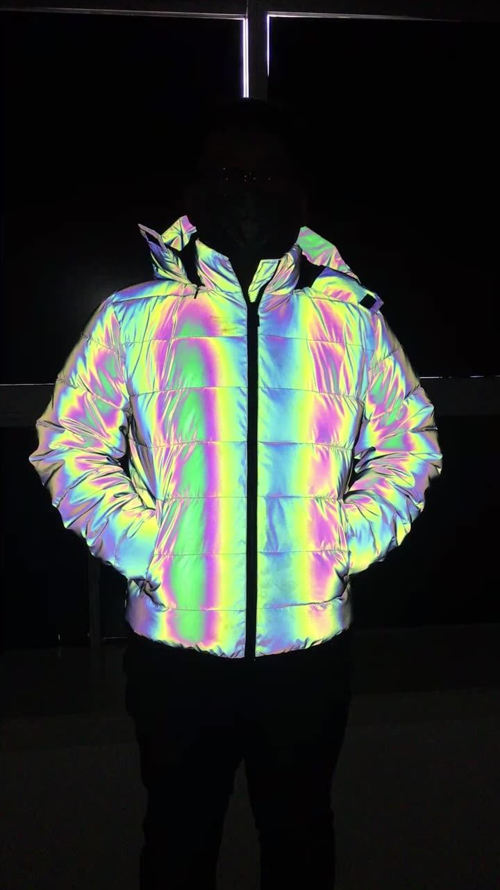 Super Bright Night Safety 100% Polyester Filling Bubble Reflective Shiny  Padding Winter Puffer Bomber Windbreaker Jacket for Men