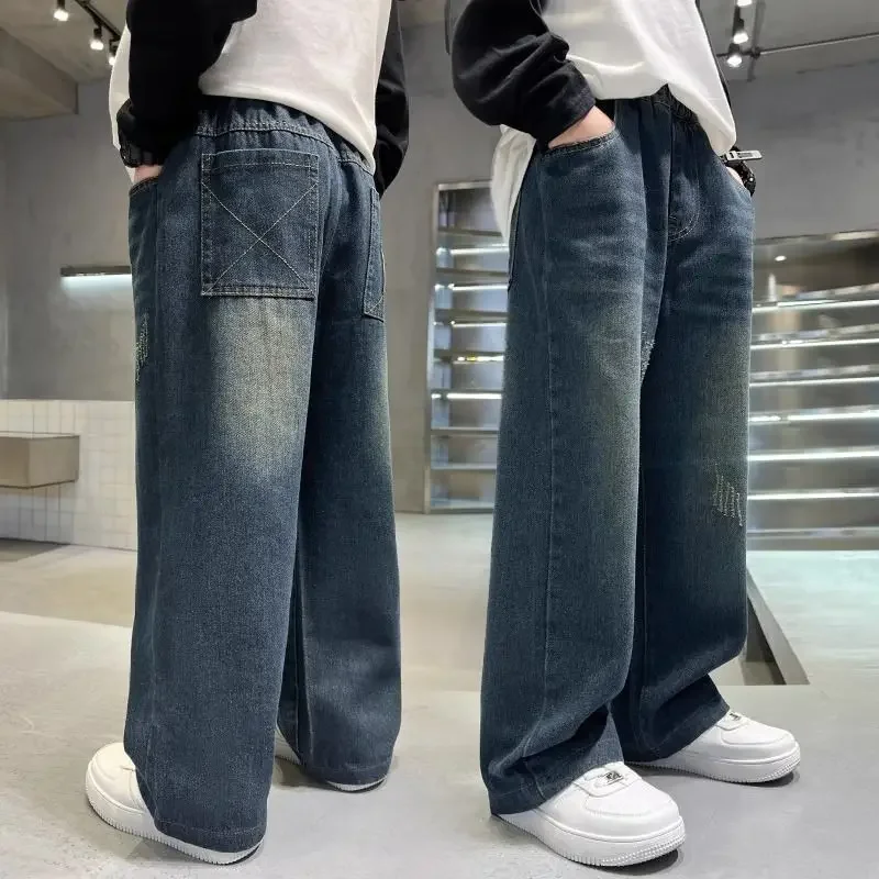 Boys' Straight Trendy Pants Spring and Autumn 2024 New Mid-Large Children's Jeans Loose Korean Style Wide-Leg Trendy Pants
