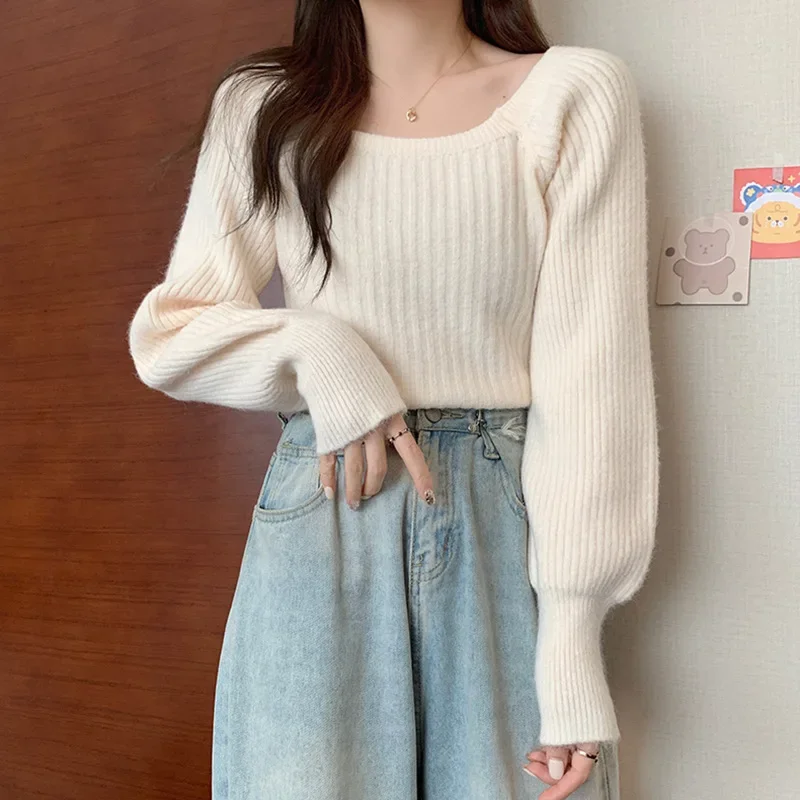 Retro solid color knitted demi-season elegant short sweater with a…