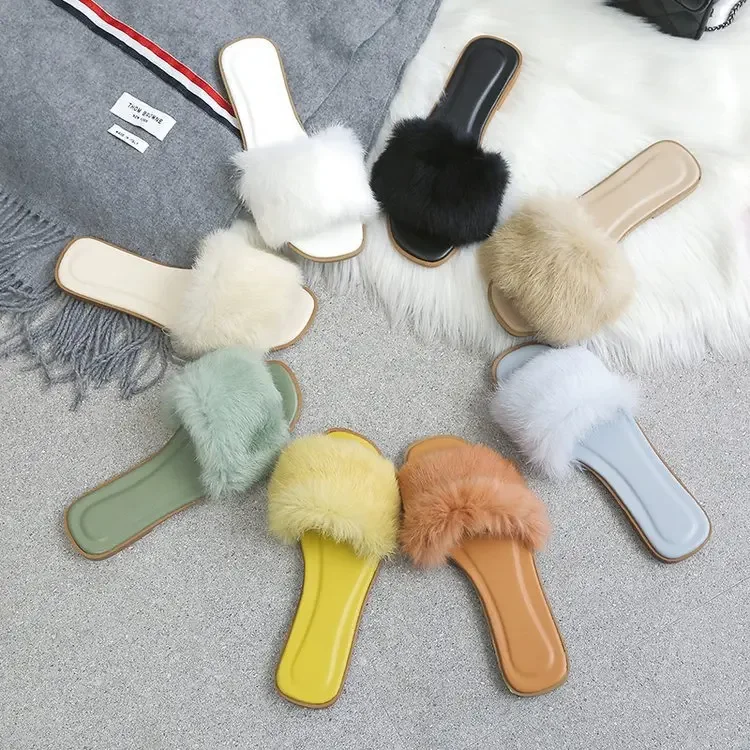 2021 Autumn and Winter New Flat Slippers Casual Korean Style Women's Shoes Fluffy Shoes Slippers Comfortable Women's Open Toe Slippers