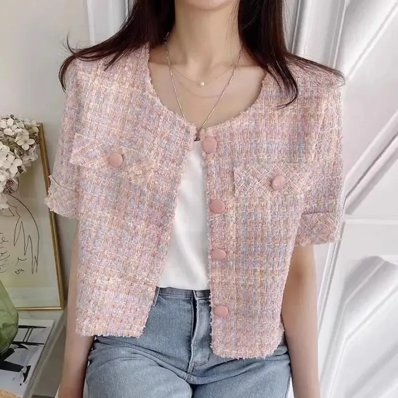 Летняя ретро-куртка, в стиле Chanel, круглый воротник, с коротким рукавом