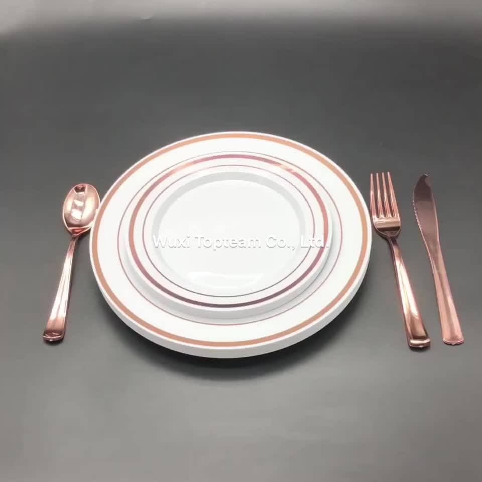 Fancy Large Dinner Plates Disposable Plastic White Plate With Rose Gold