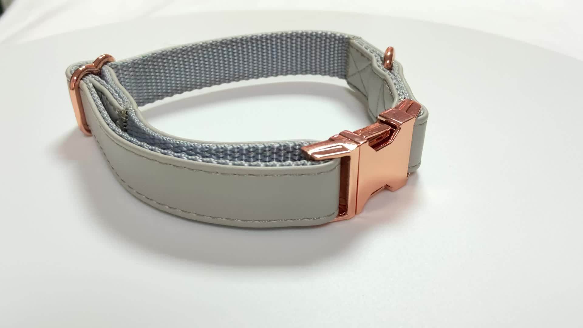 Luxury Pu Leather Nylon Rose Gold Metal Buckle Dog Collar And Leash Set