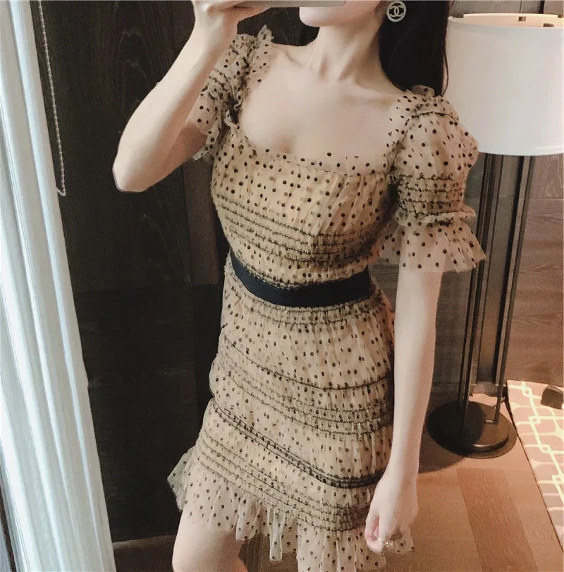 Đầm suông nữ midi họa tiết chấm bi phong cách Pháp — Chấm bi (mẫu ngắn) chi tiết 3