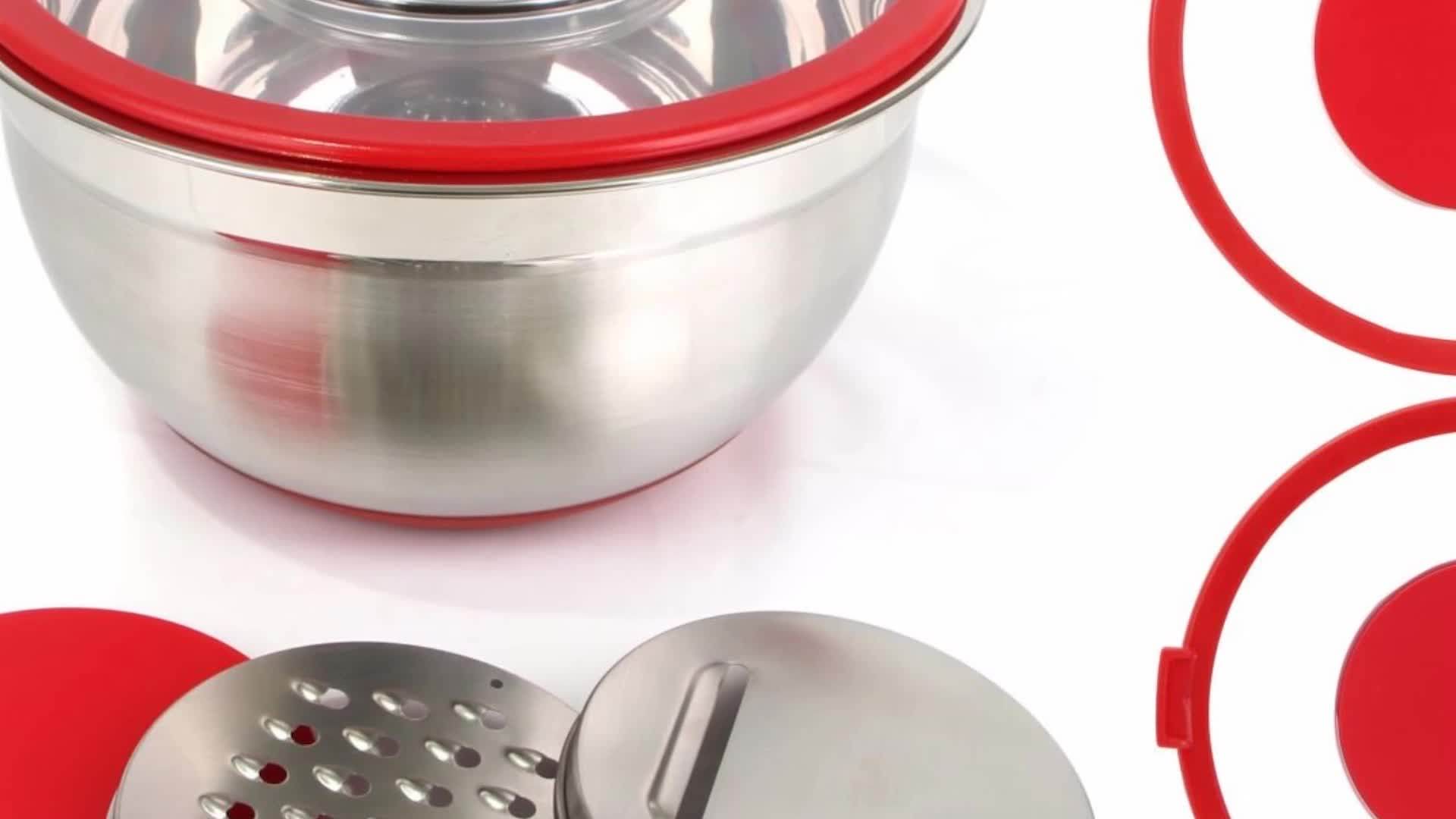 5pcs Stainless Steel Nonskid Salad Mixing Bowl With Plastic Lid 3pcs