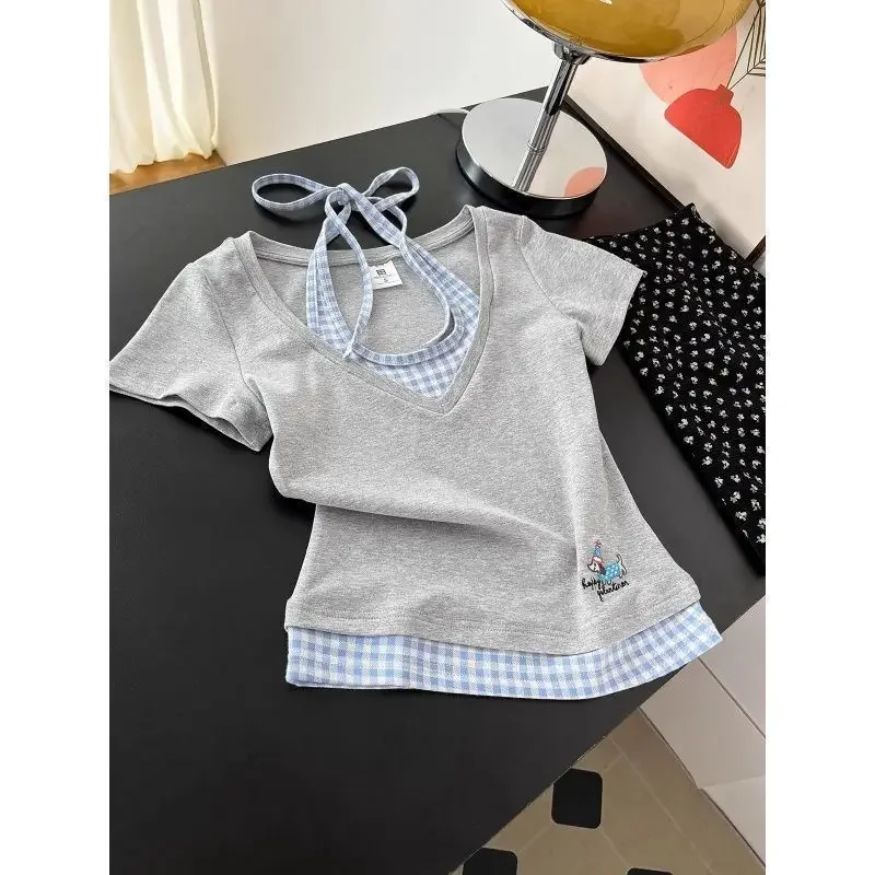 Sweet and Spicy Style, Tender Yellow Plaid Stitching, Fake Two-Piece Summer Right Shoulder Short-Sleeved T-Shirt, Slimming Look Short Top