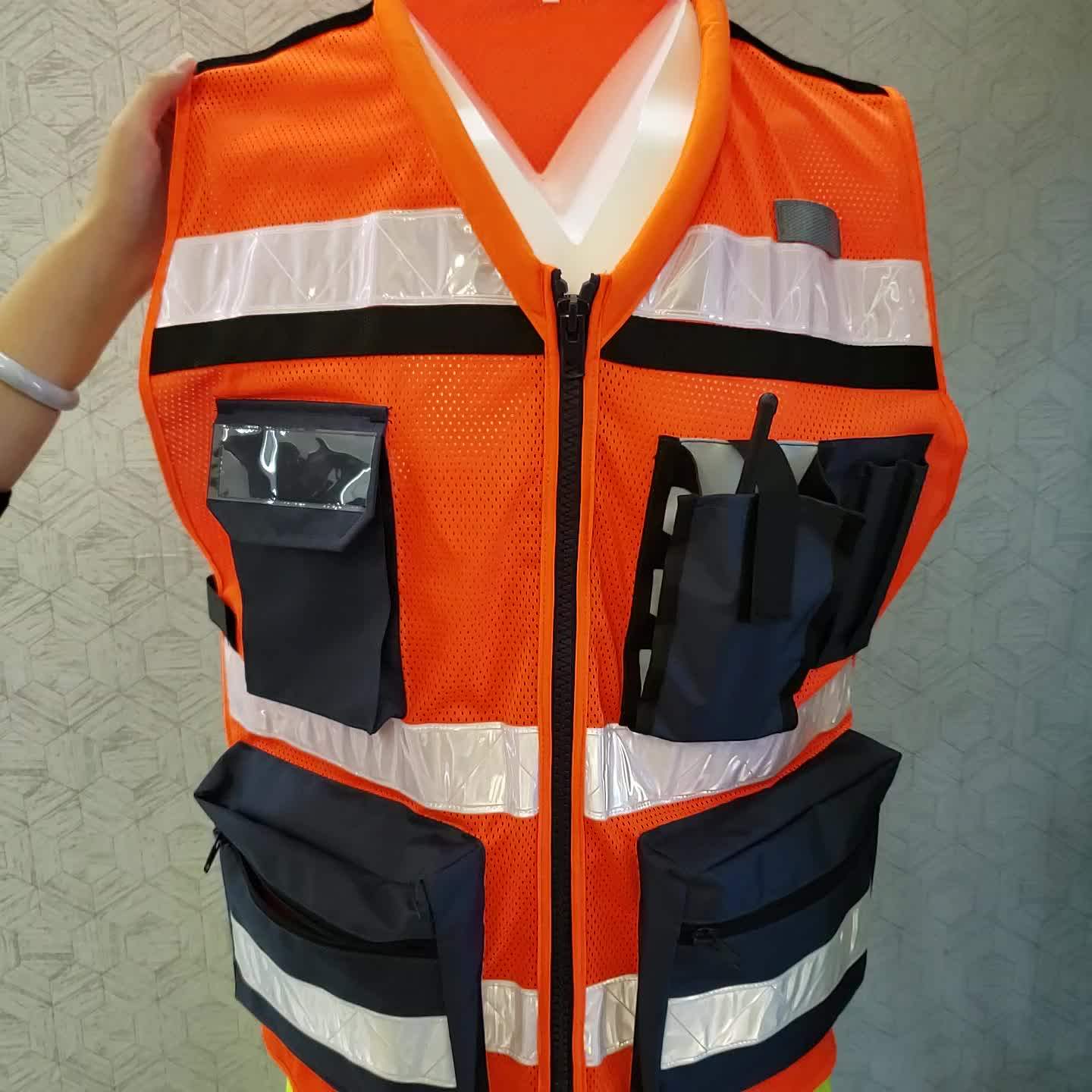 High Visibility Reflective Safety Fluorescent Orange Multi Pockets Vest