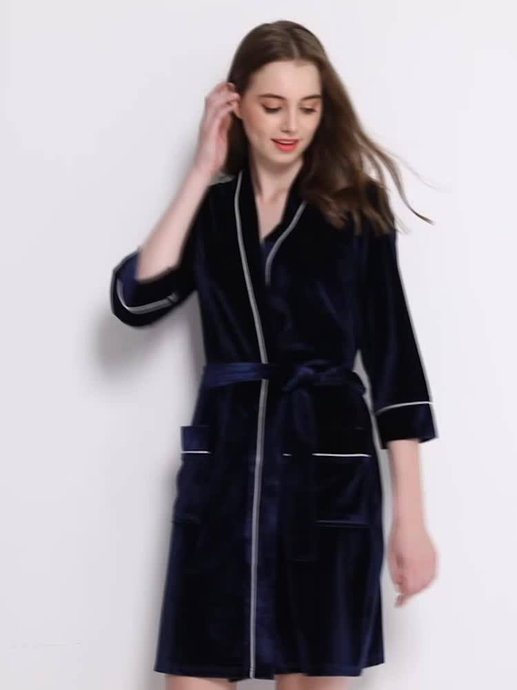 Piping Long Sleeve Velvet Robe Belted Ladies Hotel Bathrobe Embroidered
