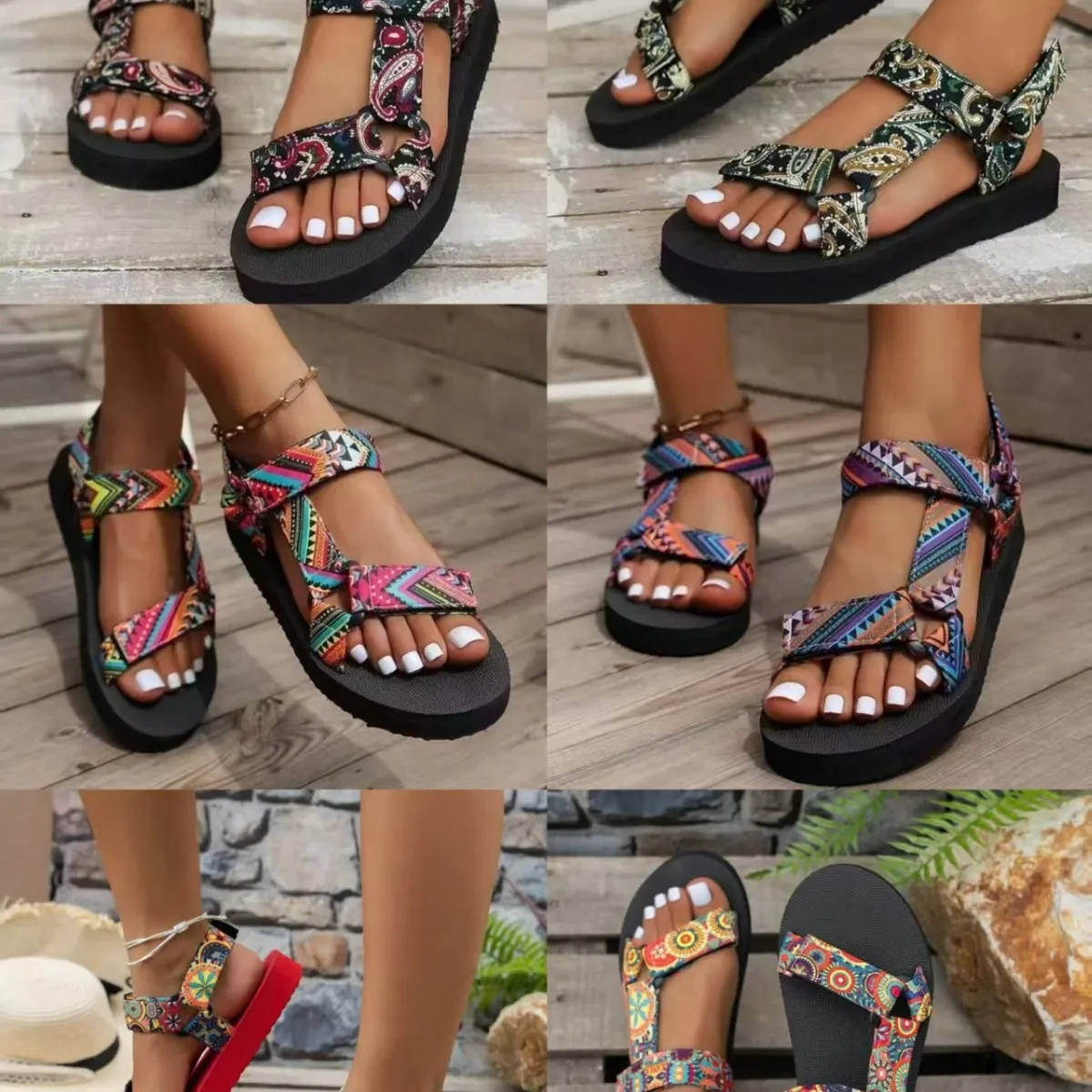 Cross-border plus size Sandals Women's 25 Summer New Thick-soled Sandals Color-matching Velcro European and American Ethnic Style Beach Sandals