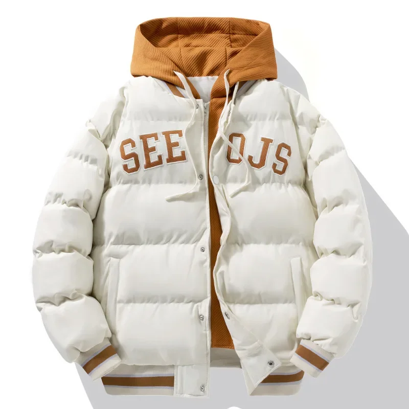 Cross-border Embroidered Fake Two-piece Hooded Cotton-padded Clothes Men's Thickened Bread Suit Ball-holding Clothes Warm Top Cotton-padded Jacket Couple's Jacket