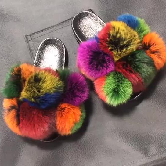 Pom Pom Multicolor Fur Slides Pom Pom Fur Flip Flops Cute Durable