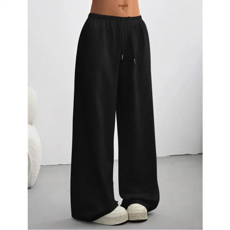 European and American Style Joker High Waist Drawstring Lace-up Casual Wide Leg Loose Straight Pants Simple Solid Color Sports Pants for Women