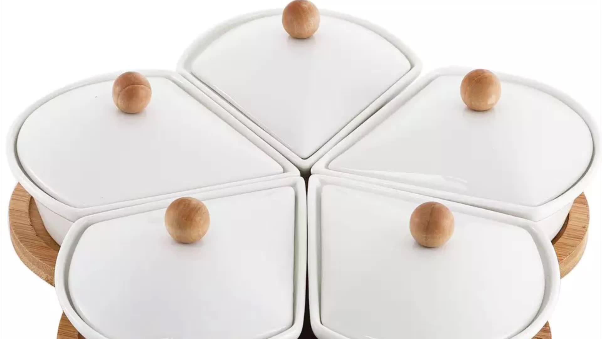 Ceramic Divided Serving Dishes With Lids And Bamboo Porcelain Divided