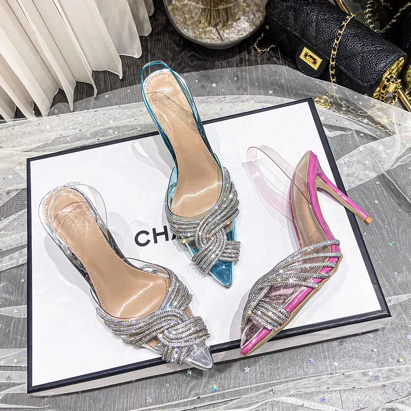 Pointed Transparent Rhinestone High Heels Slides 2025 Summer New Net Infrared Wear Sexy Slippers Sandals for Women