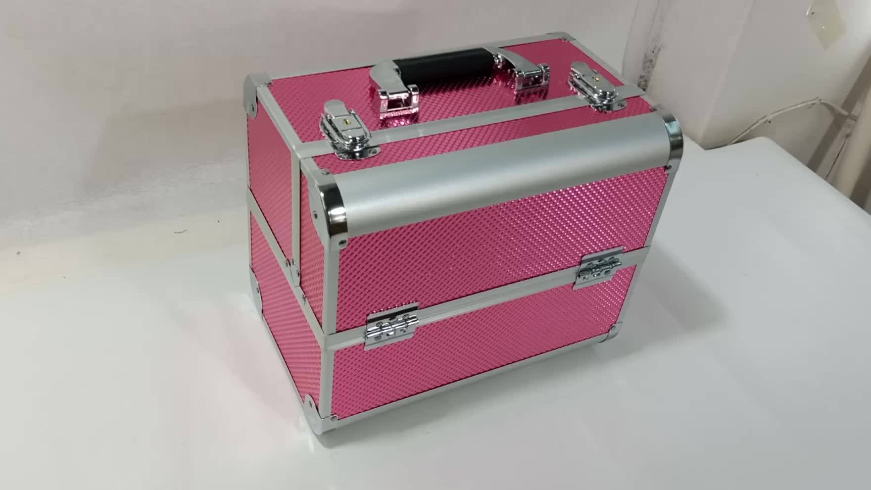 Portable Pink Metal Aluminum Makeup Vanity Box Cosmetic Travel Hard