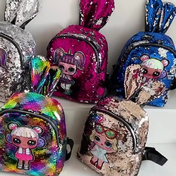 High Quality PU Sequin School Backpack Rabbit Ear Glitter