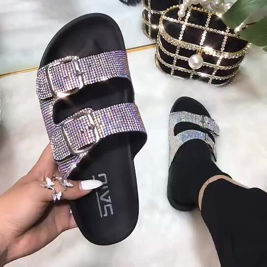 Sandalias De Decoración Con Imitación Brillantes Para Mujer,Zapatillas De Tacón Corto Multicolor Para Exteriores,Correas Dobles,Novedad - Buy Corta De Las De Tacón Zapatillas De Plana Sandalias Señora Zapatillas,Moda