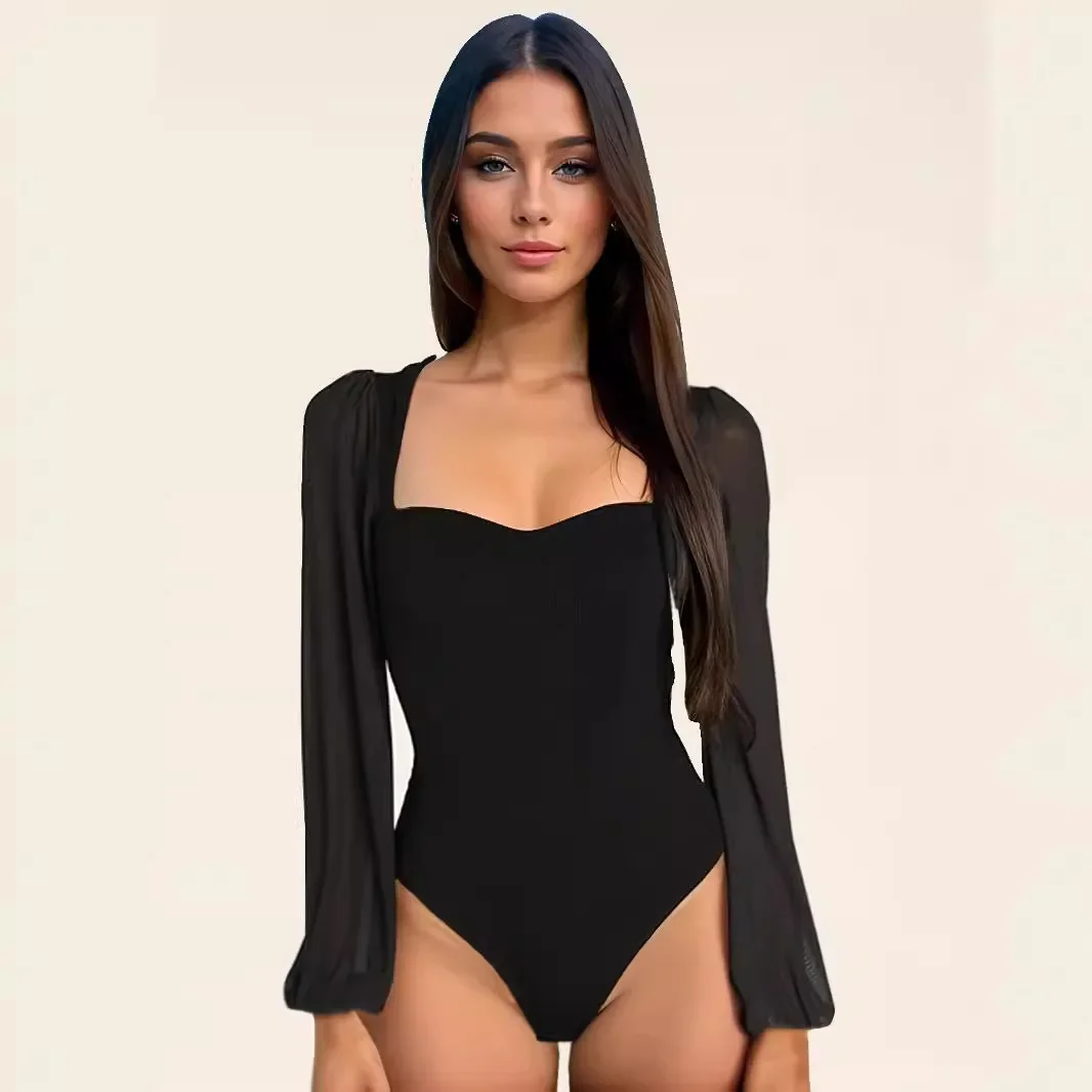 2024 Autumn New European and American Body Suit Sexy Fashion Spliced Mesh Lace Lantern Sleeve One Piece Women's Bodysuit 